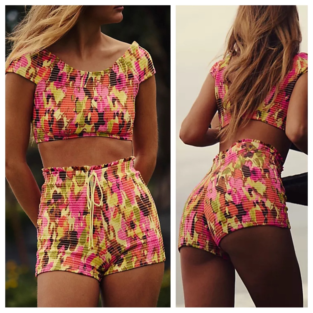 Free People free-est Darcy Smocked Crop Bikini Top and Short | MEDIUM NWOT